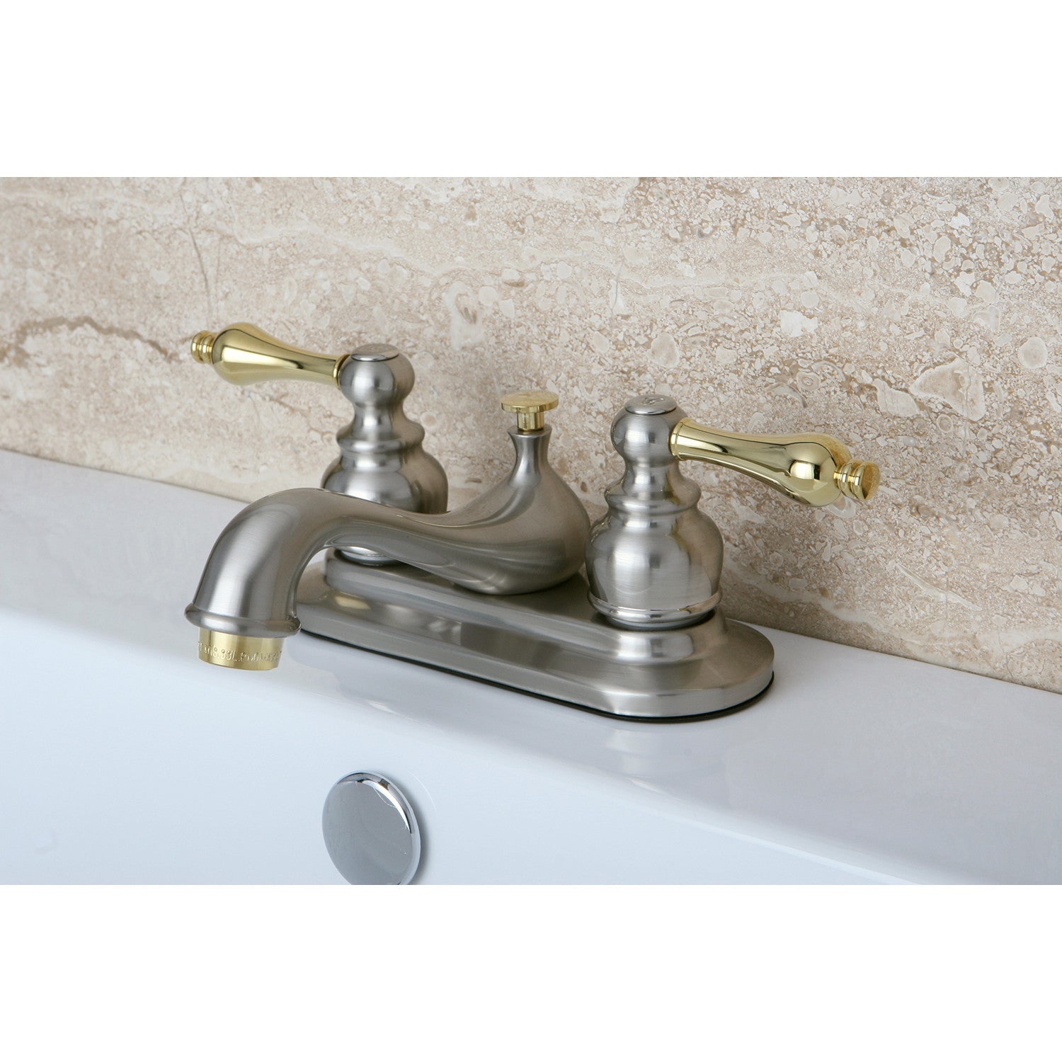 Kingston Heirloom KB609AL - Restoration Double-Handle 3-Hole Deck Mount 4-Inch Centerset Bathroom Faucet with Pop-Up Drain, Brushed Nickel/Polished Brass — thumbnail 2